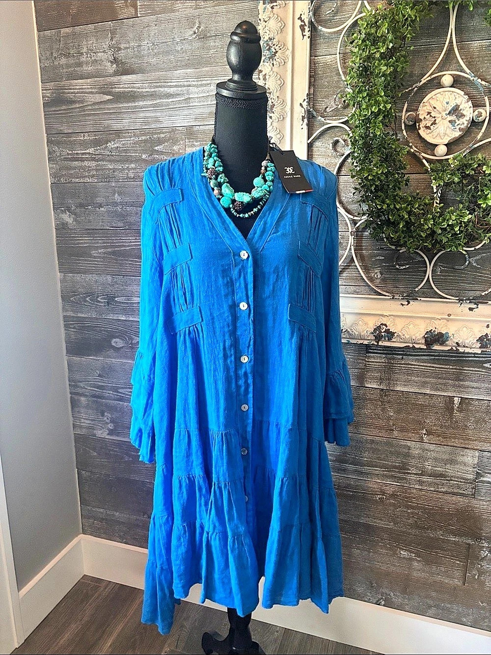 NWT Cecile Wang (Size XL) Linen Blue Tiered Maxi Dress - 100% Linen
